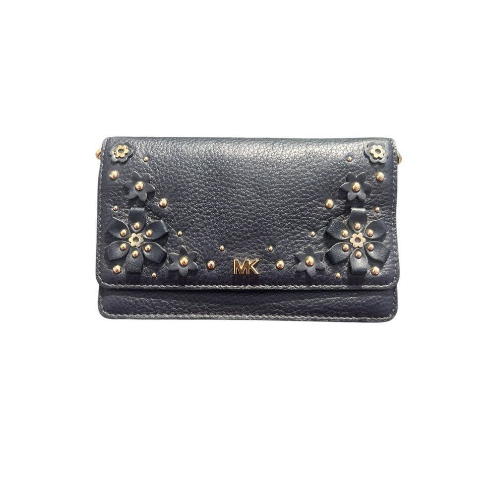 Michael Kors pebble soft navy blue leather embroidered embossed flowers wallet